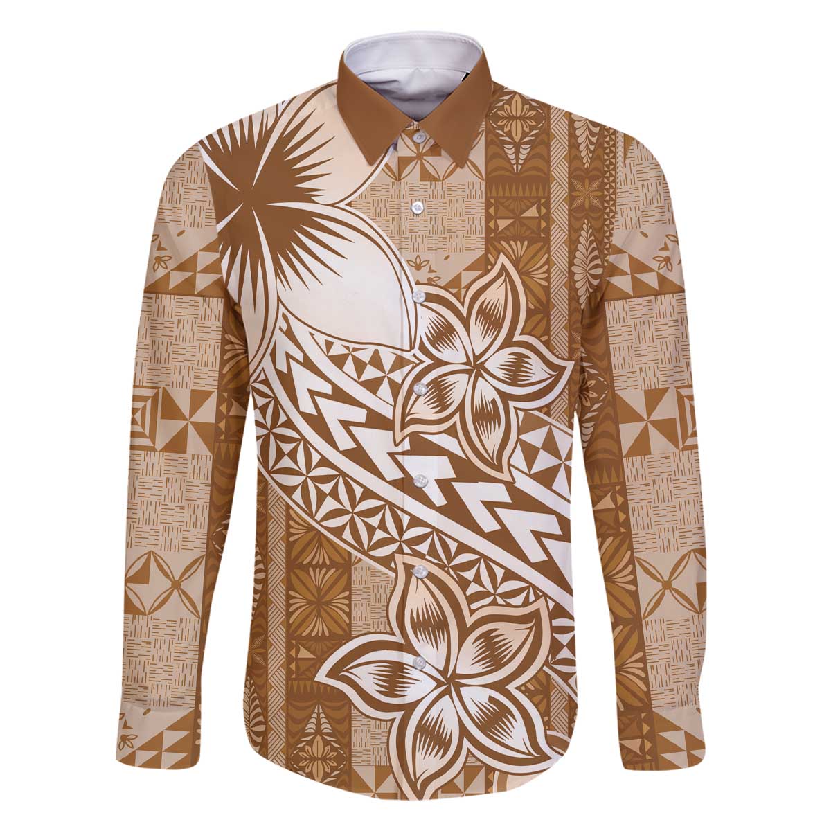 Tonga Kupesi Ngatu Family Matching Off The Shoulder Long Sleeve Dress and Hawaiian Shirt Vintage Brown Plumeria