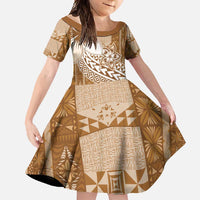 Tonga Kupesi Ngatu Family Matching Off Shoulder Maxi Dress and Hawaiian Shirt Vintage Brown Plumeria LT05 Daughter's Dress Brown - Polynesian Pride