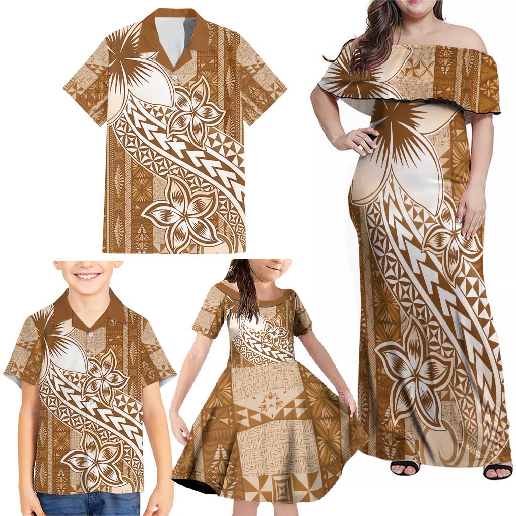 Tonga Kupesi Ngatu Family Matching Off Shoulder Maxi Dress and Hawaiian Shirt Vintage Brown Plumeria LT05 - Polynesian Pride