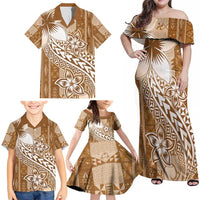 Tonga Kupesi Ngatu Family Matching Off Shoulder Maxi Dress and Hawaiian Shirt Vintage Brown Plumeria LT05 - Polynesian Pride