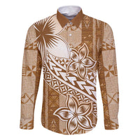 Tonga Kupesi Ngatu Family Matching Off Shoulder Maxi Dress and Hawaiian Shirt Vintage Brown Plumeria LT05 Dad's Shirt - Long Sleeve Brown - Polynesian Pride