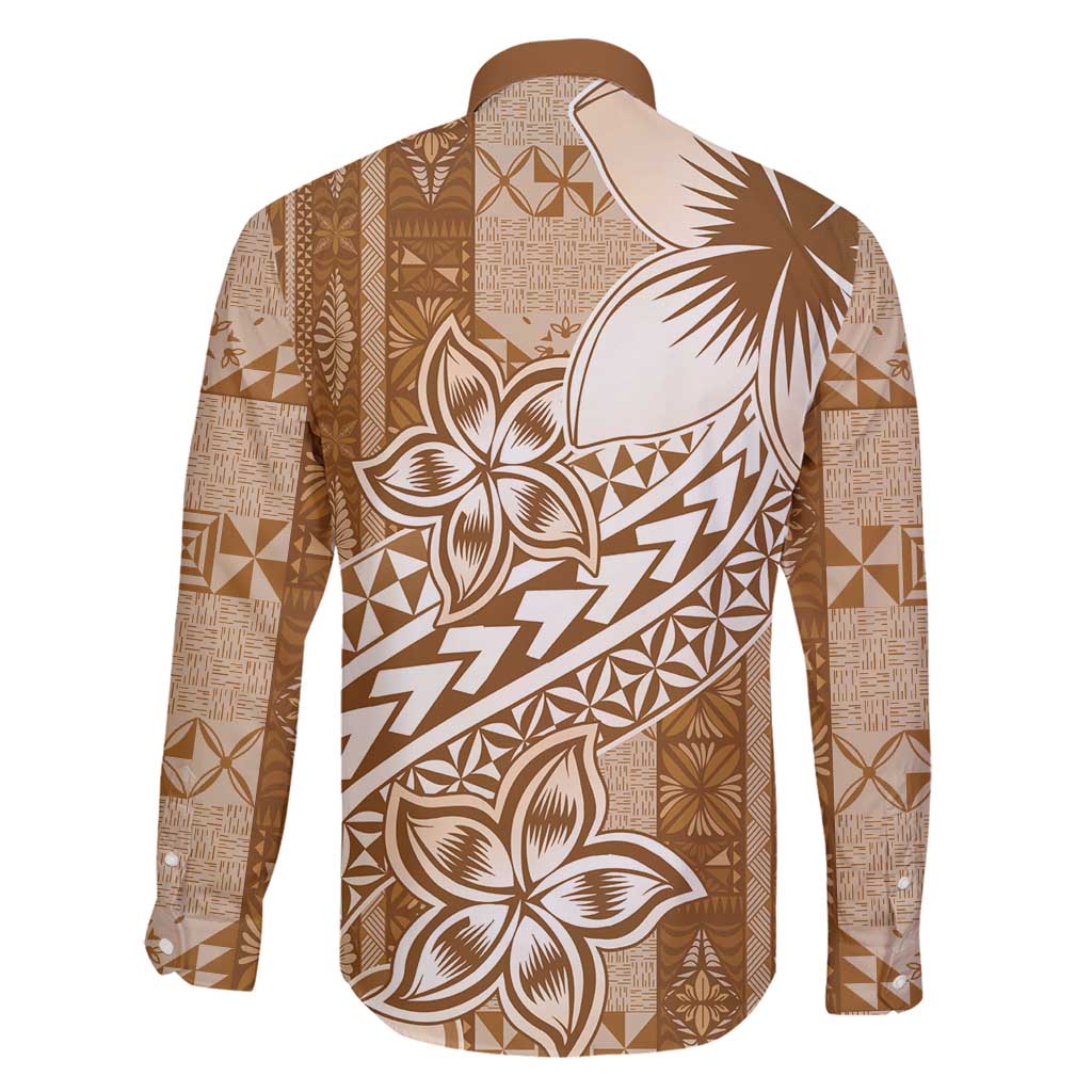 Tonga Kupesi Ngatu Family Matching Off Shoulder Maxi Dress and Hawaiian Shirt Vintage Brown Plumeria LT05 - Polynesian Pride