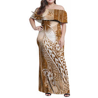 Tonga Kupesi Ngatu Family Matching Off Shoulder Maxi Dress and Hawaiian Shirt Vintage Brown Plumeria LT05 Mom's Dress Brown - Polynesian Pride