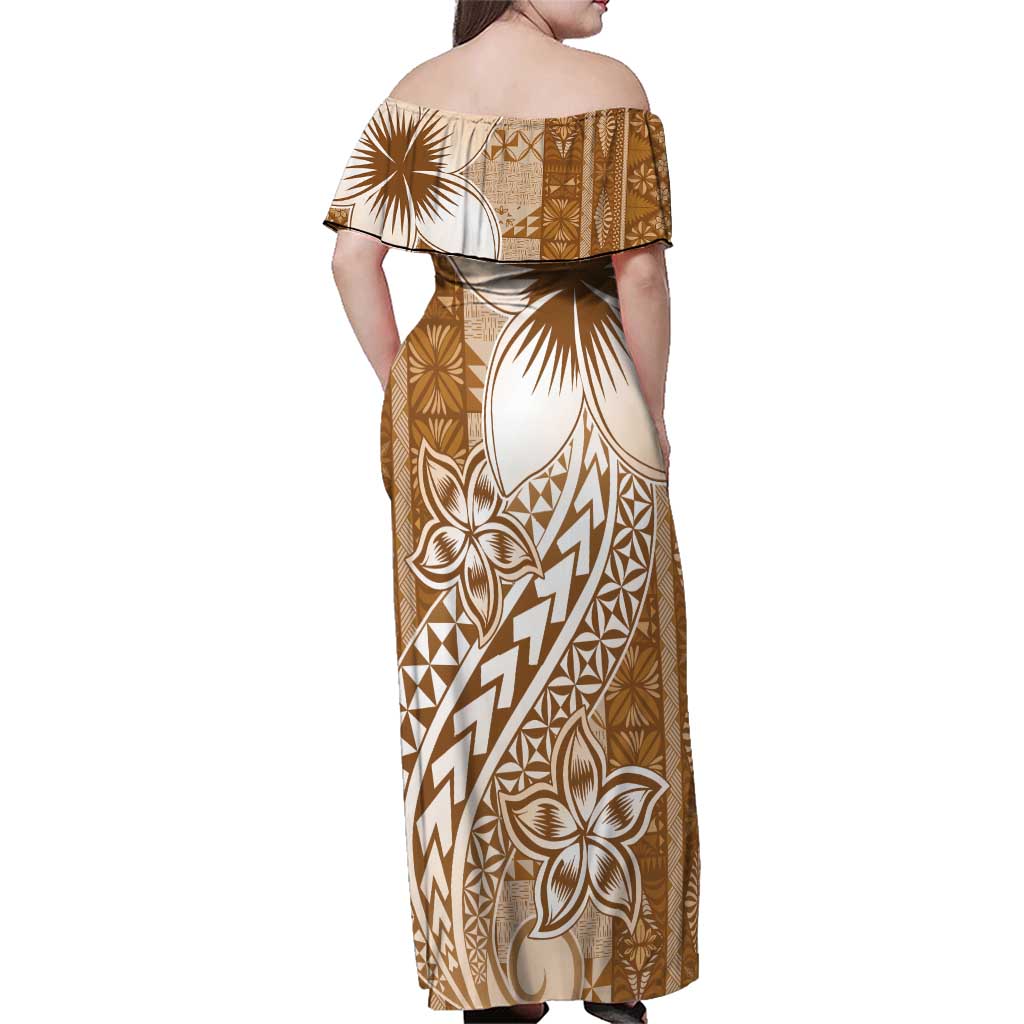 Tonga Kupesi Ngatu Family Matching Off Shoulder Maxi Dress and Hawaiian Shirt Vintage Brown Plumeria LT05 - Polynesian Pride
