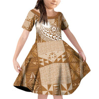 Tonga Kupesi Ngatu Family Matching Off Shoulder Short Dress and Hawaiian Shirt Vintage Brown Plumeria LT05 Daughter's Dress Brown - Polynesian Pride