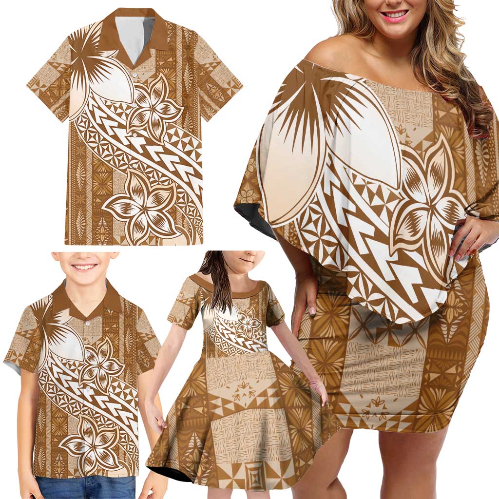 Tonga Kupesi Ngatu Family Matching Off Shoulder Short Dress and Hawaiian Shirt Vintage Brown Plumeria LT05 - Polynesian Pride