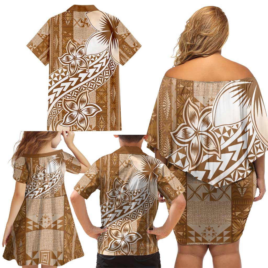 Tonga Kupesi Ngatu Family Matching Off Shoulder Short Dress and Hawaiian Shirt Vintage Brown Plumeria LT05 - Polynesian Pride