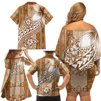 Tonga Kupesi Ngatu Family Matching Off Shoulder Short Dress and Hawaiian Shirt Vintage Brown Plumeria LT05 - Polynesian Pride