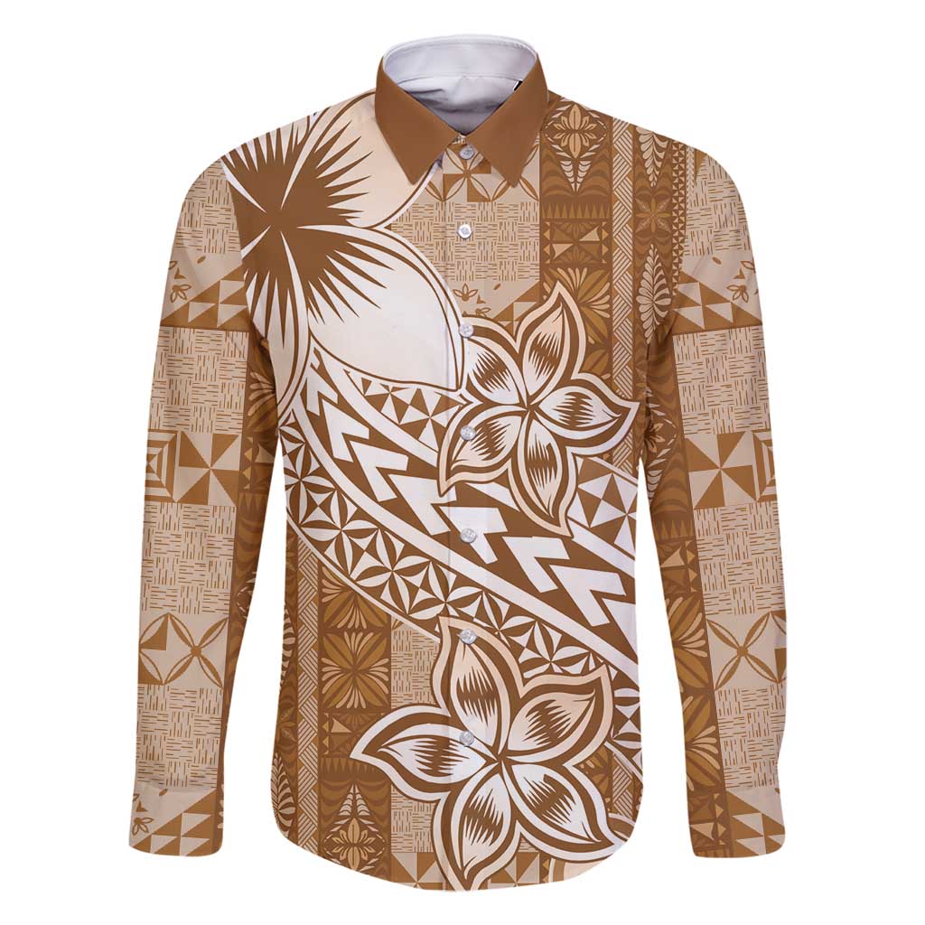 Tonga Kupesi Ngatu Family Matching Off Shoulder Short Dress and Hawaiian Shirt Vintage Brown Plumeria LT05 Dad's Shirt - Long Sleeve Brown - Polynesian Pride