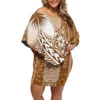 Tonga Kupesi Ngatu Family Matching Off Shoulder Short Dress and Hawaiian Shirt Vintage Brown Plumeria LT05 Mom's Dress Brown - Polynesian Pride