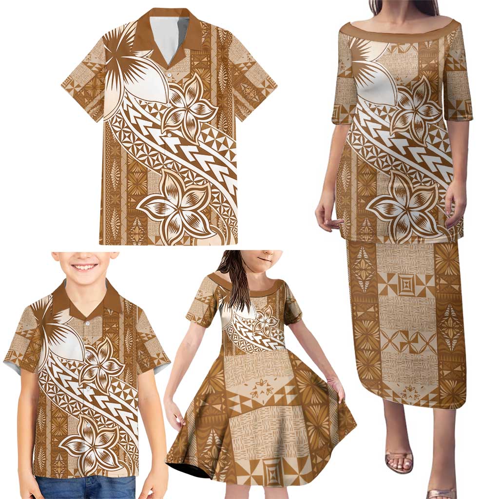 Tonga Kupesi Ngatu Family Matching Puletasi and Hawaiian Shirt Vintage Brown Plumeria