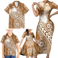 Tonga Kupesi Ngatu Family Matching Short Sleeve Bodycon Dress and Hawaiian Shirt Vintage Brown Plumeria LT05 - Polynesian Pride