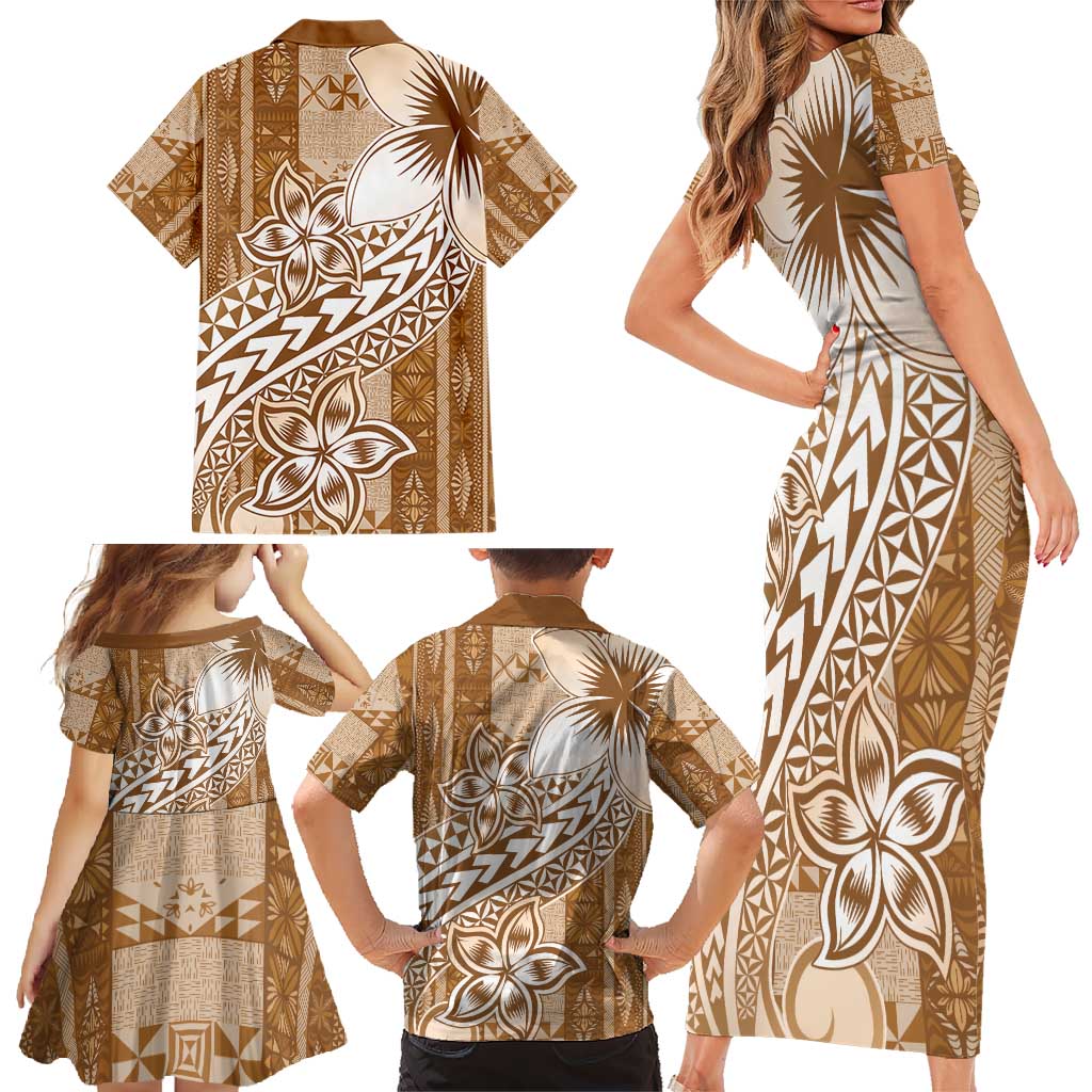 Tonga Kupesi Ngatu Family Matching Short Sleeve Bodycon Dress and Hawaiian Shirt Vintage Brown Plumeria LT05 - Polynesian Pride
