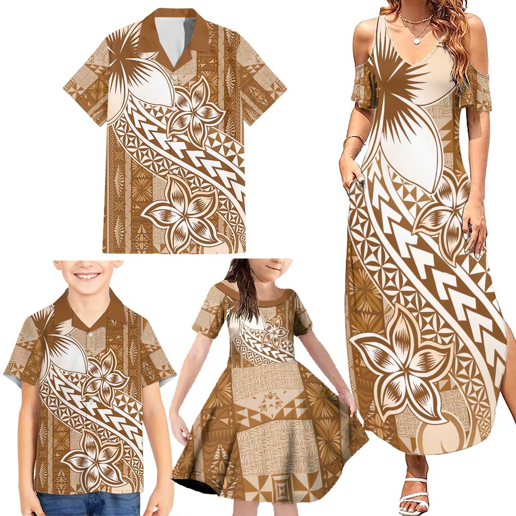 Tonga Kupesi Ngatu Family Matching Summer Maxi Dress and Hawaiian Shirt Vintage Brown Plumeria