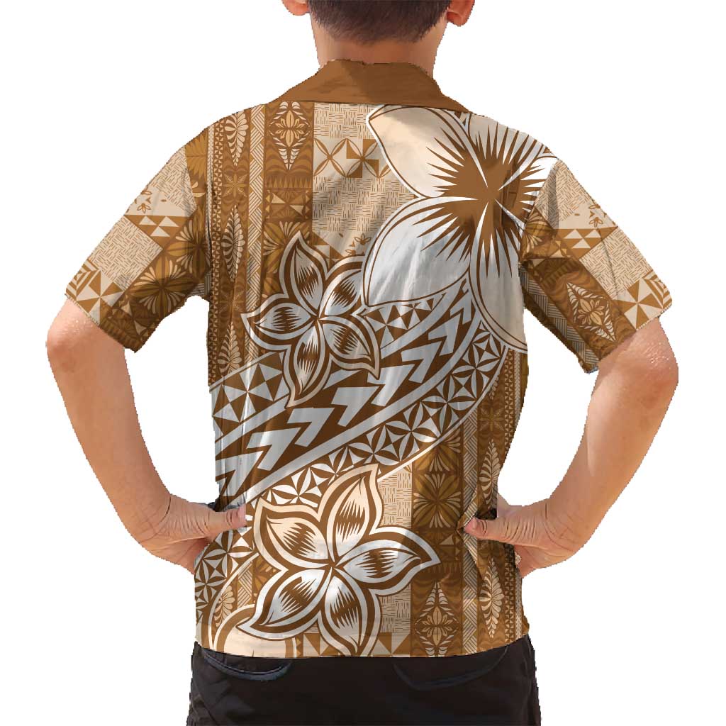 Tonga Kupesi Ngatu Family Matching Tank Maxi Dress and Hawaiian Shirt Vintage Brown Plumeria LT05 - Polynesian Pride