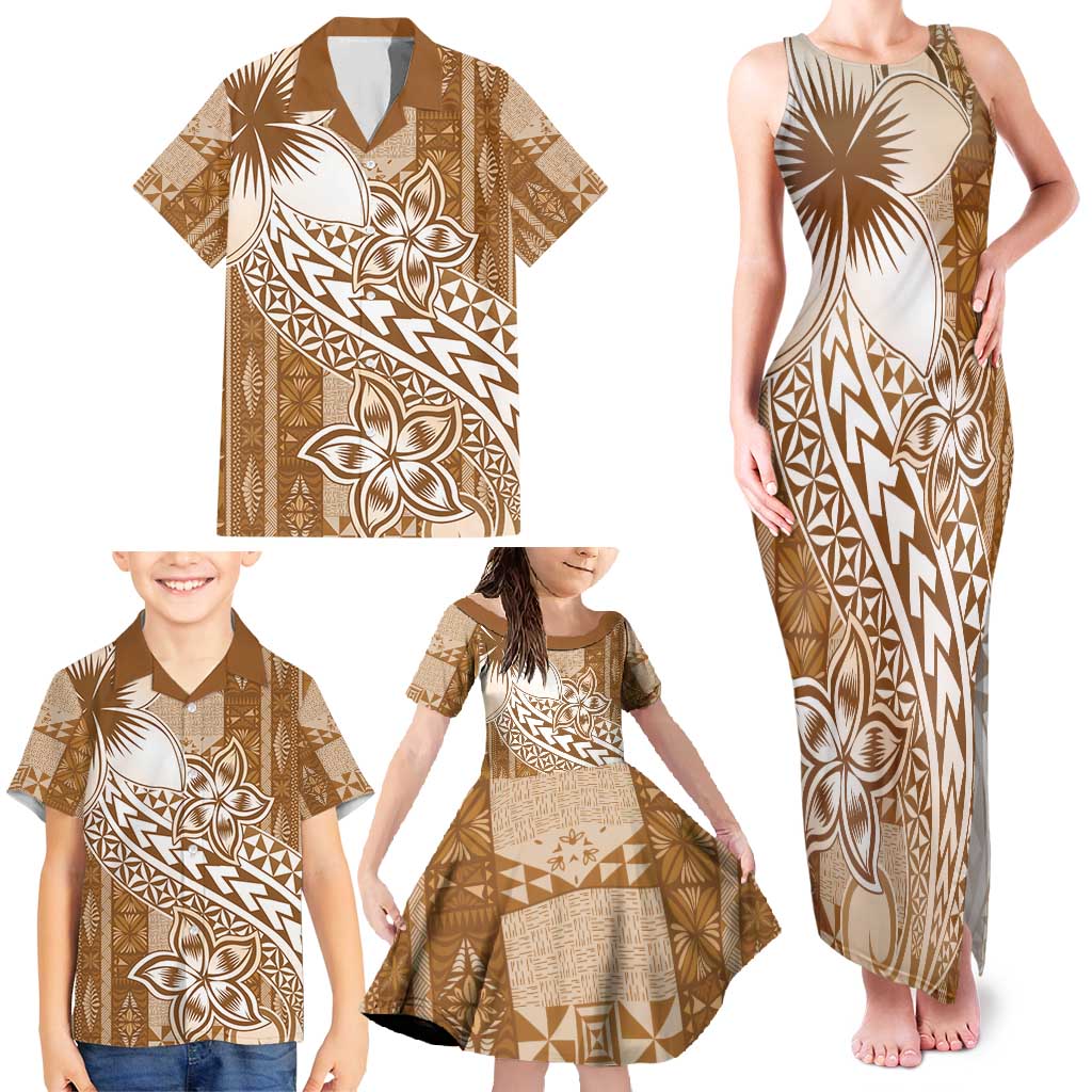 Tonga Kupesi Ngatu Family Matching Tank Maxi Dress and Hawaiian Shirt Vintage Brown Plumeria LT05 - Polynesian Pride