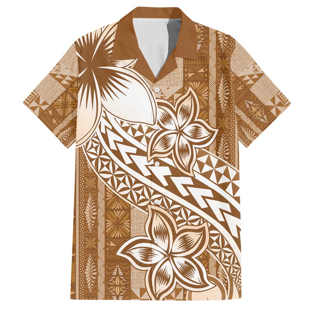 Tonga Kupesi Ngatu Family Matching Tank Maxi Dress and Hawaiian Shirt Vintage Brown Plumeria LT05 Dad's Shirt - Short Sleeve Brown - Polynesian Pride