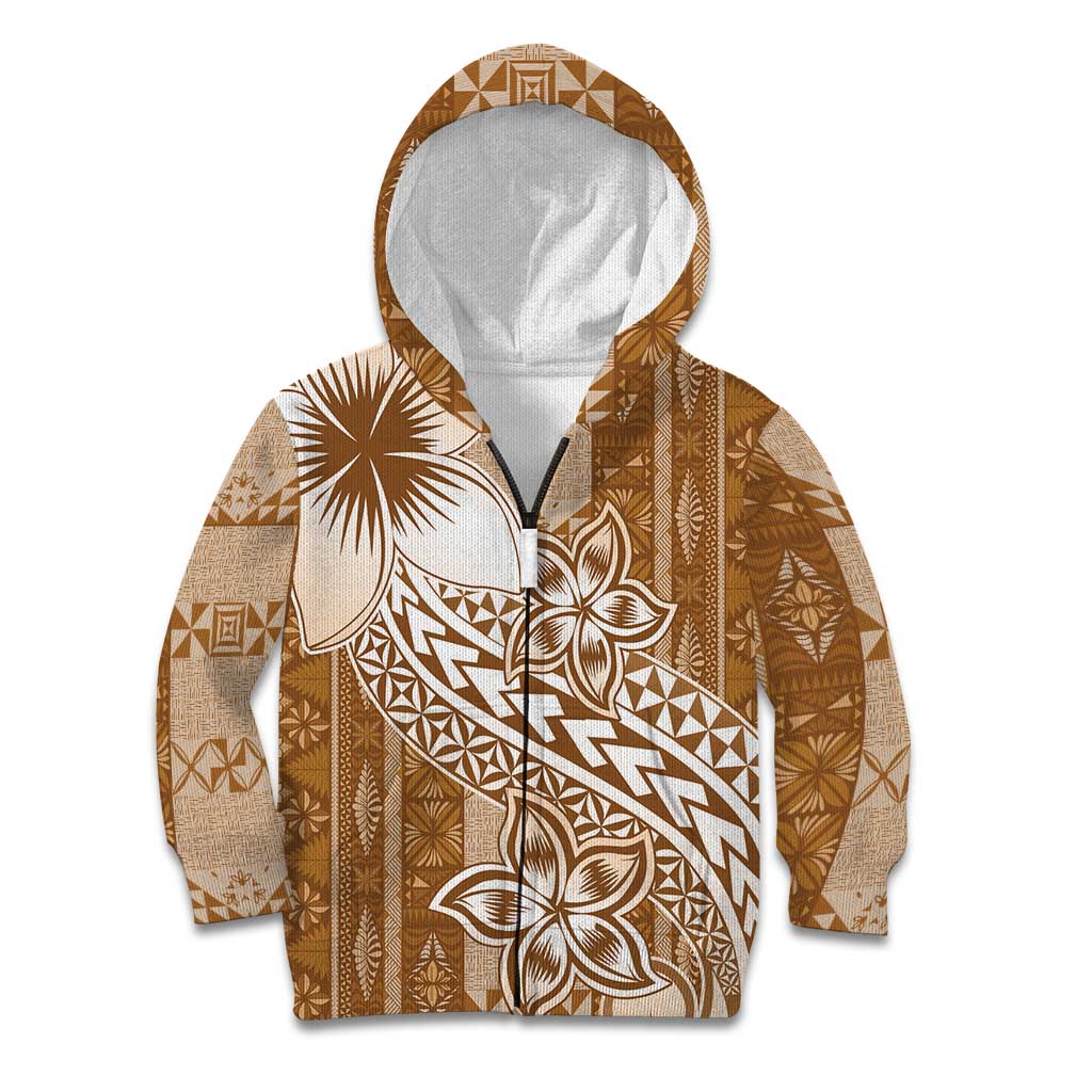 Tonga Kupesi Ngatu Kid Hoodie Vintage Brown Plumeria LT05 Zip Hoodie Brown - Polynesian Pride