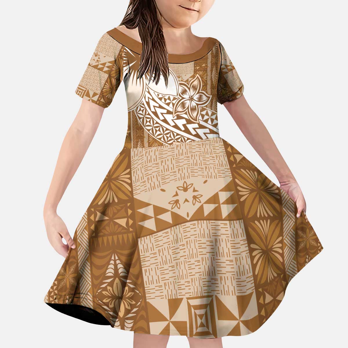 Tonga Kupesi Ngatu Kid Short Sleeve Dress Vintage Brown Plumeria