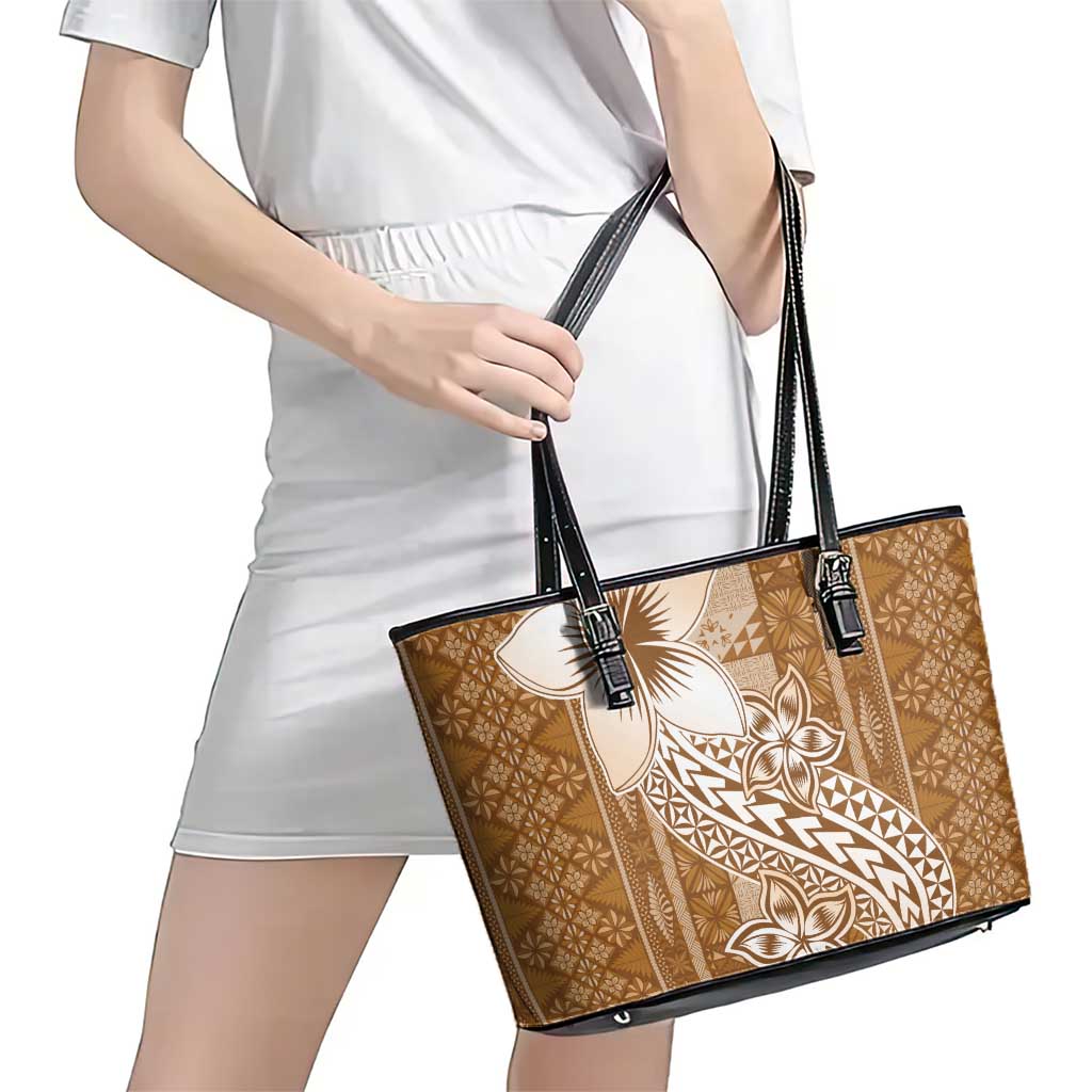 Tonga Kupesi Ngatu Leather Tote Bag Vintage Brown Plumeria