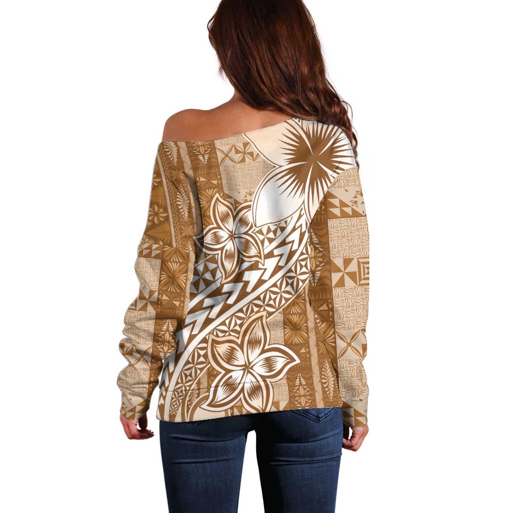 Tonga Kupesi Ngatu Off Shoulder Sweater Vintage Brown Plumeria