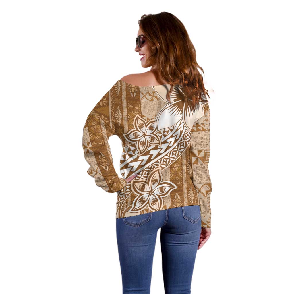 Tonga Kupesi Ngatu Off Shoulder Sweater Vintage Brown Plumeria