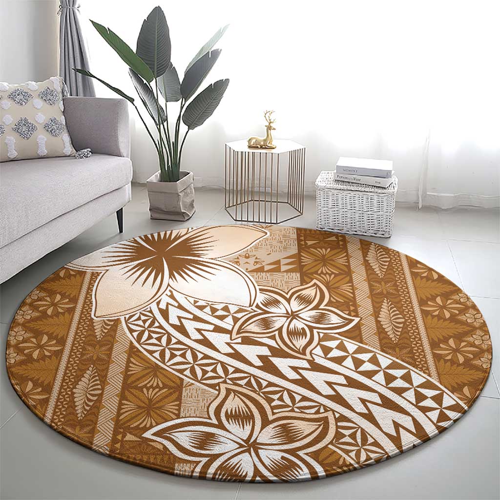 Tonga Kupesi Ngatu Round Carpet Vintage Brown Plumeria