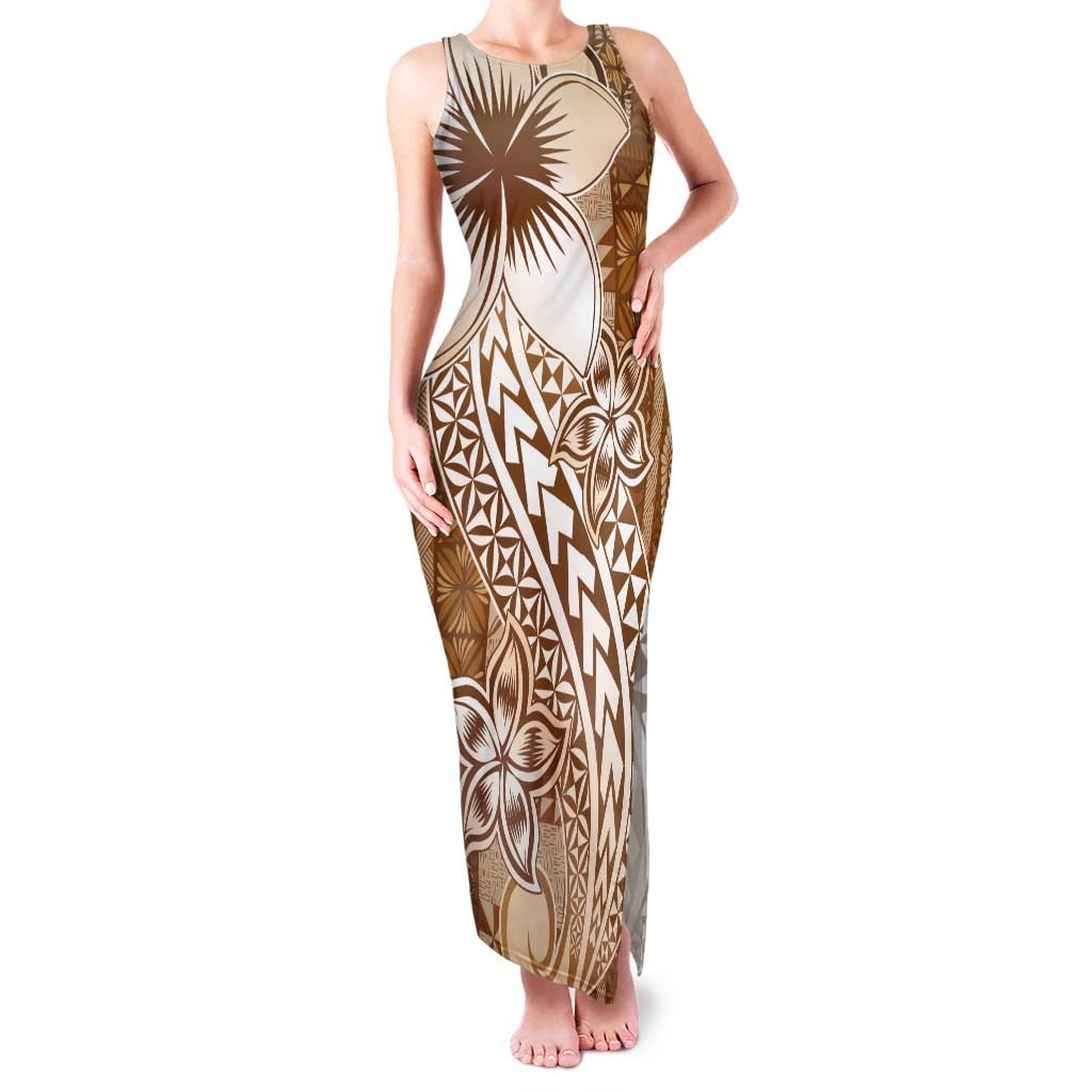Tonga Kupesi Ngatu Tank Maxi Dress Vintage Brown Plumeria