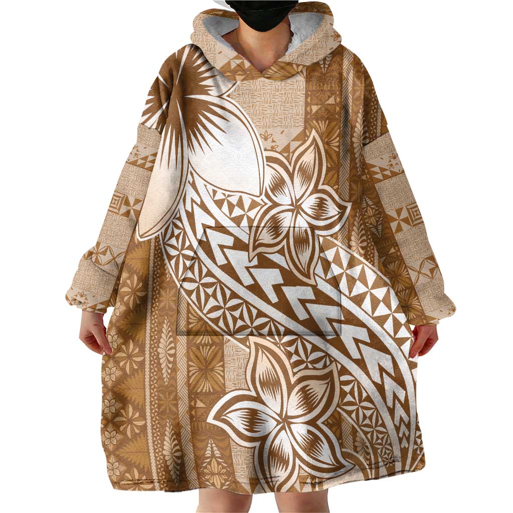 Tonga Kupesi Ngatu Wearable Blanket Hoodie Vintage Brown Plumeria LT05 - Polynesian Pride