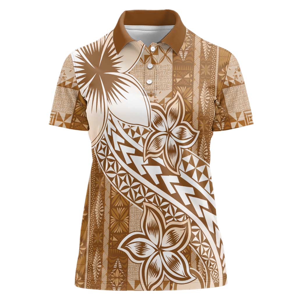 Tonga Kupesi Ngatu Women Polo Shirt Vintage Brown Plumeria