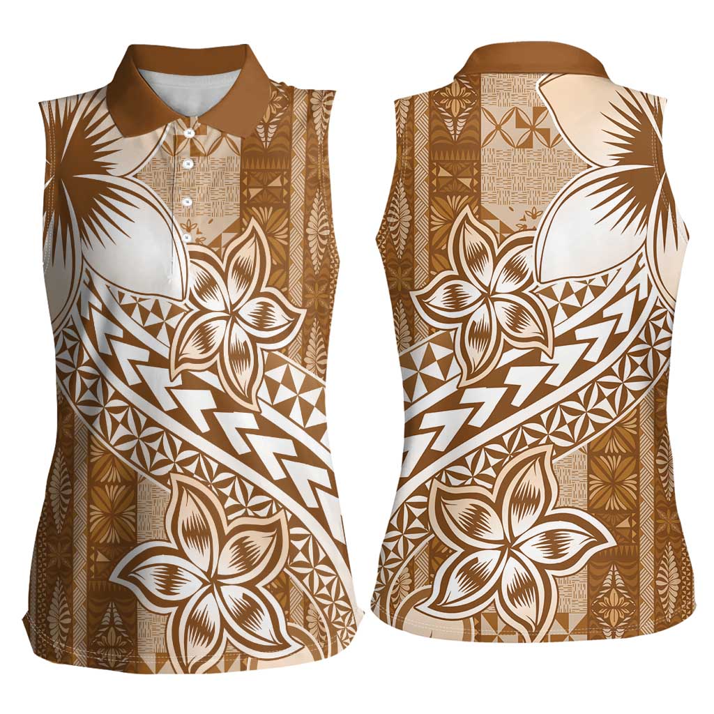Tonga Kupesi Ngatu Women Sleeveless Polo Shirt Vintage Brown Plumeria