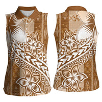 Tonga Kupesi Ngatu Women Sleeveless Polo Shirt Vintage Brown Plumeria