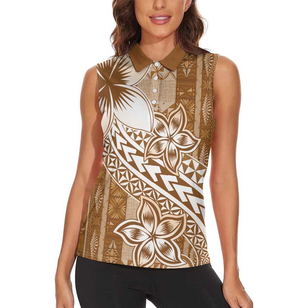 Tonga Kupesi Ngatu Women Sleeveless Polo Shirt Vintage Brown Plumeria