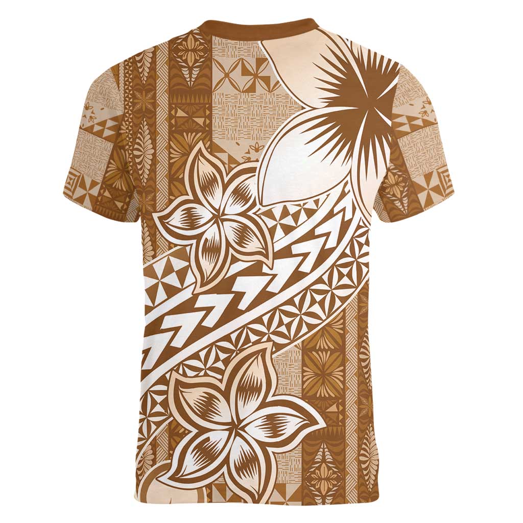 Tonga Kupesi Ngatu Women V-Neck T-Shirt Vintage Brown Plumeria