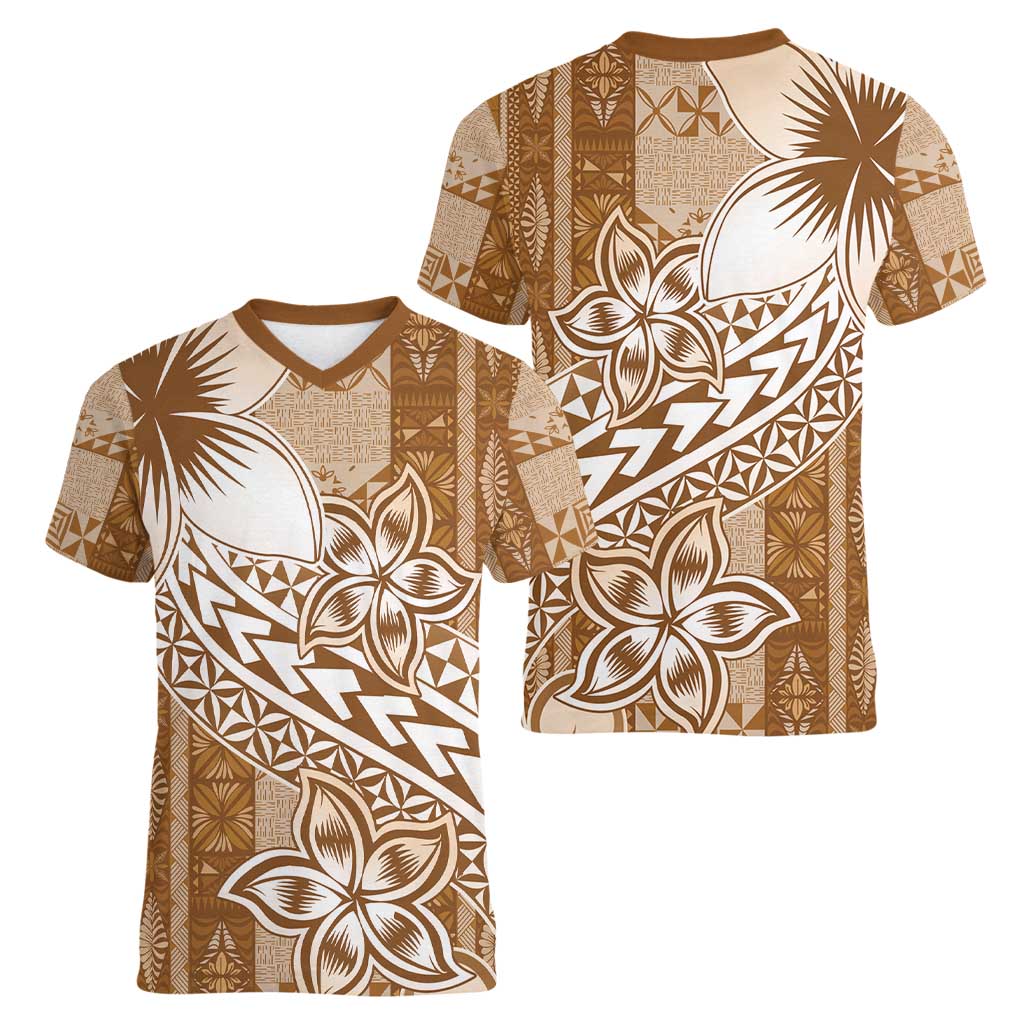 Tonga Kupesi Ngatu Women V-Neck T-Shirt Vintage Brown Plumeria