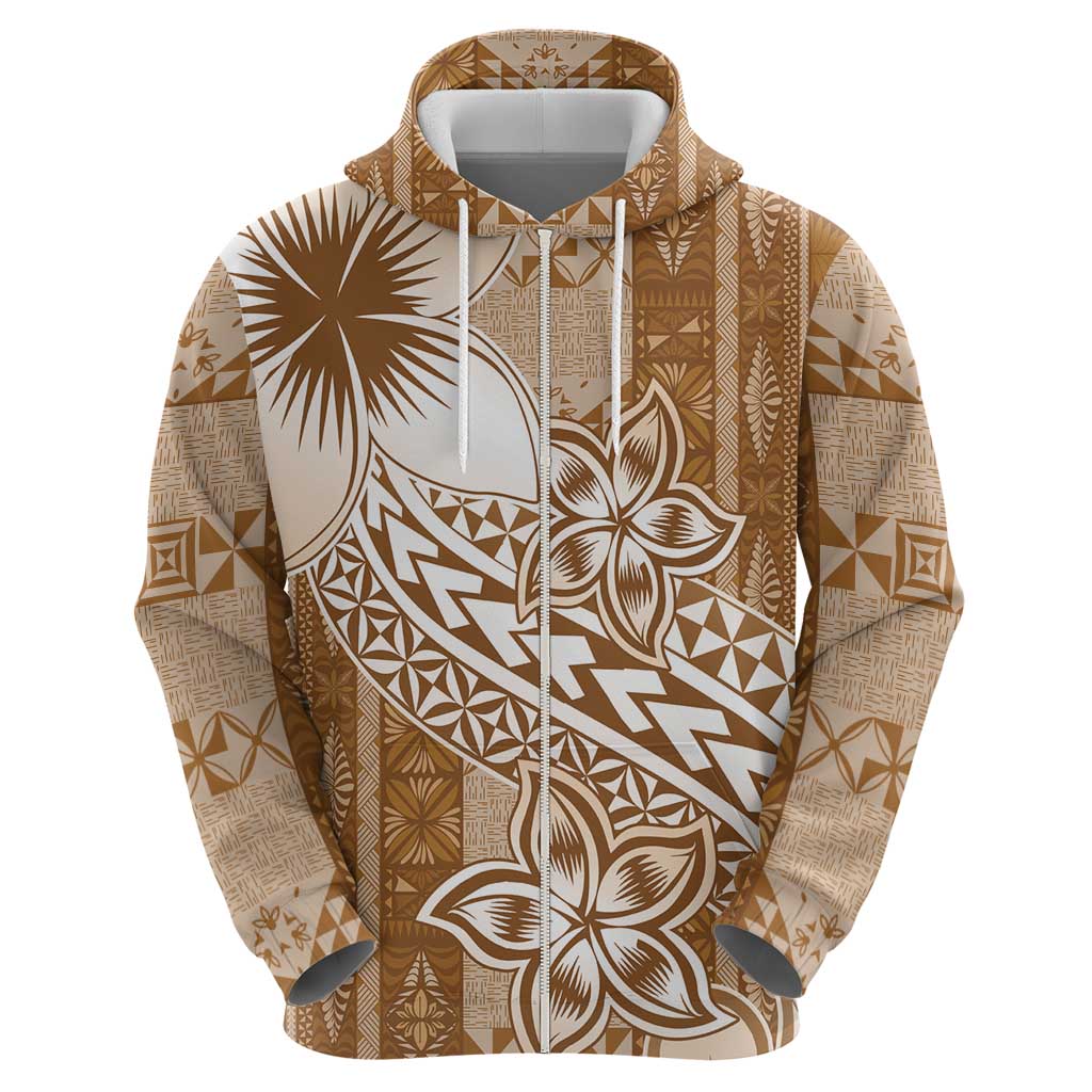 Tonga Kupesi Ngatu Zip Hoodie Vintage Brown Plumeria
