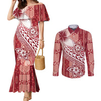 Tonga Kupesi Ngatu Couples Matching Mermaid Dress and Long Sleeve Button Shirt Vintage Red Plumeria