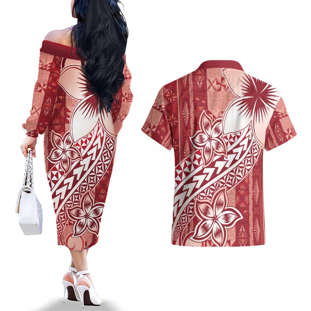 Tonga Kupesi Ngatu Couples Matching Off The Shoulder Long Sleeve Dress and Hawaiian Shirt Vintage Red Plumeria