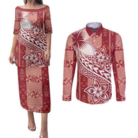 Tonga Kupesi Ngatu Couples Matching Puletasi and Long Sleeve Button Shirt Vintage Red Plumeria