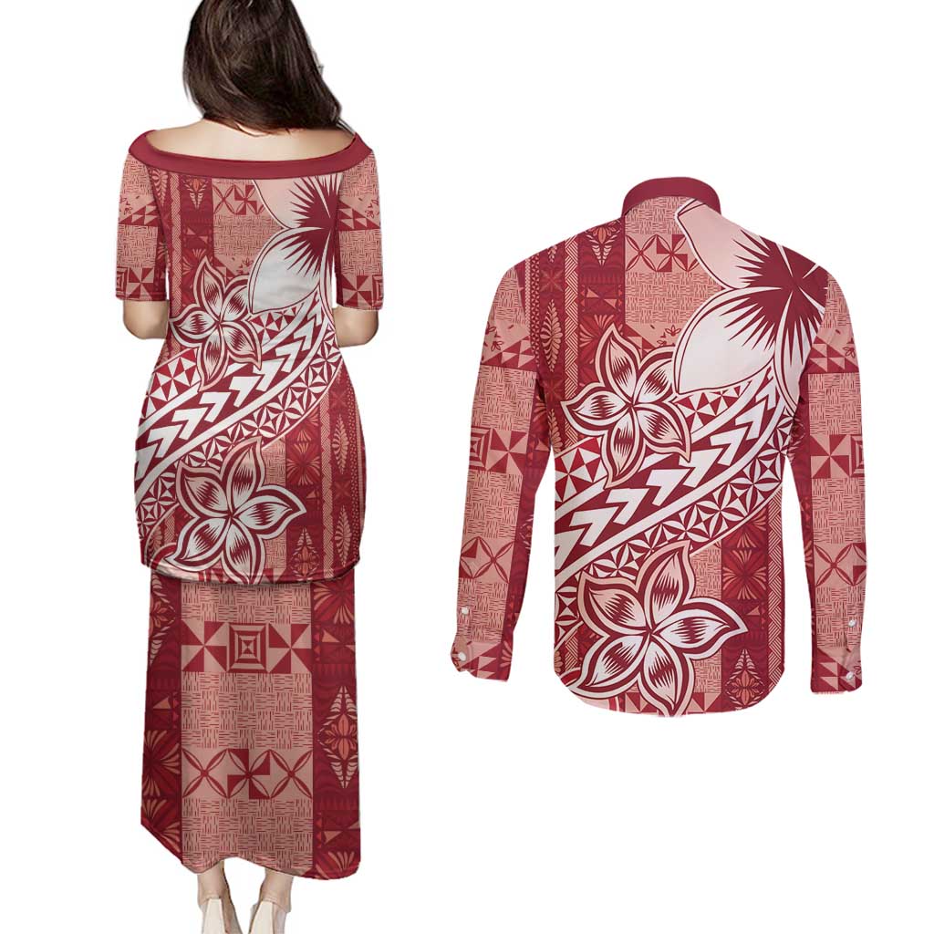 Tonga Kupesi Ngatu Couples Matching Puletasi and Long Sleeve Button Shirt Vintage Red Plumeria