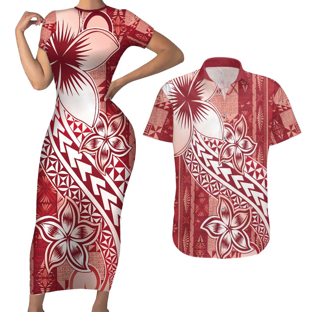 Tonga Kupesi Ngatu Couples Matching Short Sleeve Bodycon Dress and Hawaiian Shirt Vintage Red Plumeria