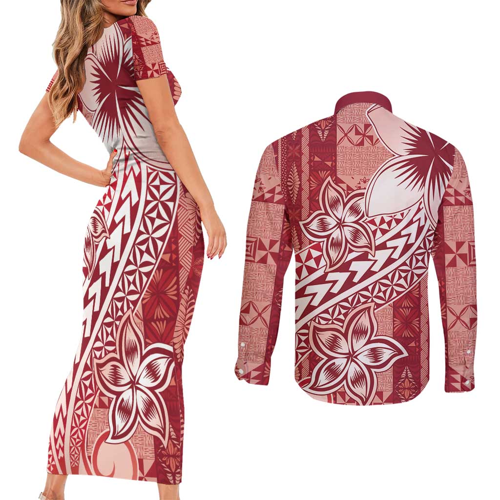 Tonga Kupesi Ngatu Couples Matching Short Sleeve Bodycon Dress and Long Sleeve Button Shirt Vintage Red Plumeria