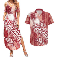 Tonga Kupesi Ngatu Couples Matching Summer Maxi Dress and Hawaiian Shirt Vintage Red Plumeria