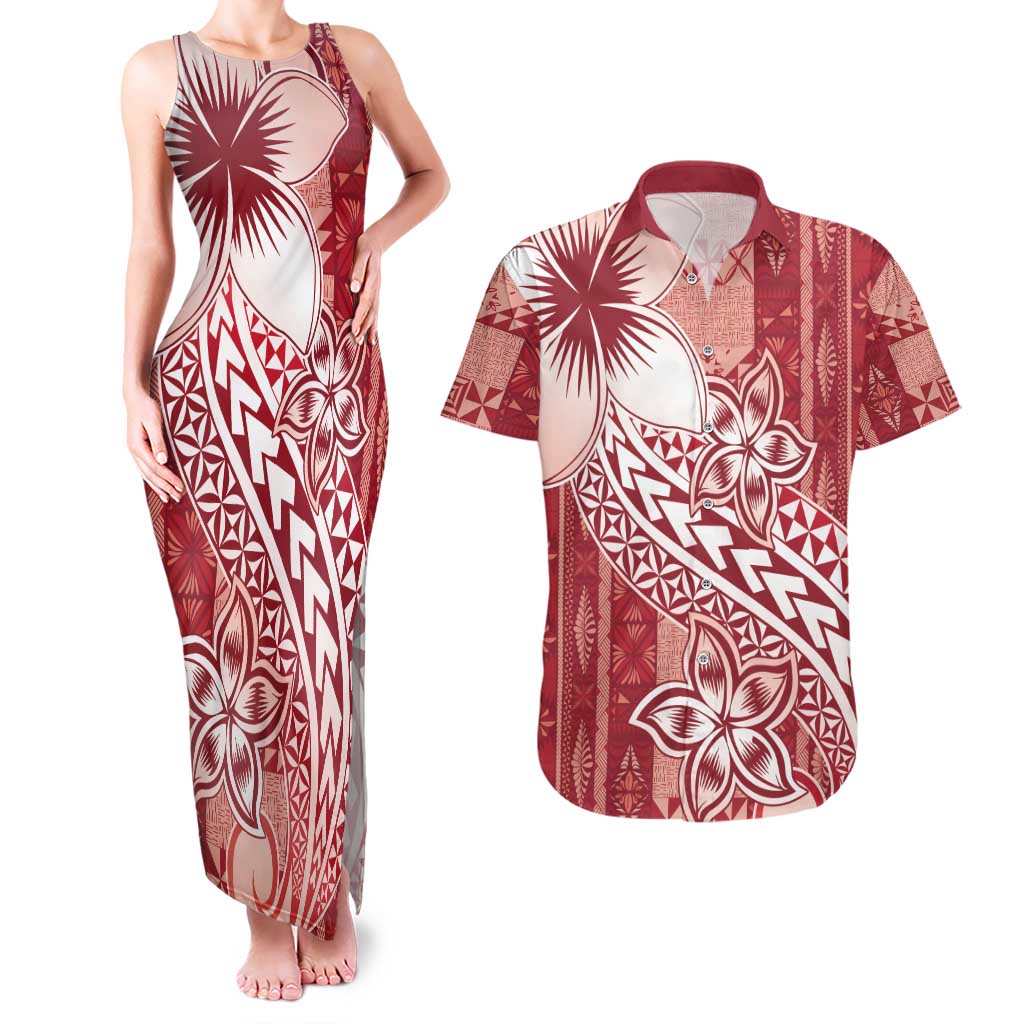 Tonga Kupesi Ngatu Couples Matching Tank Maxi Dress and Hawaiian Shirt Vintage Red Plumeria
