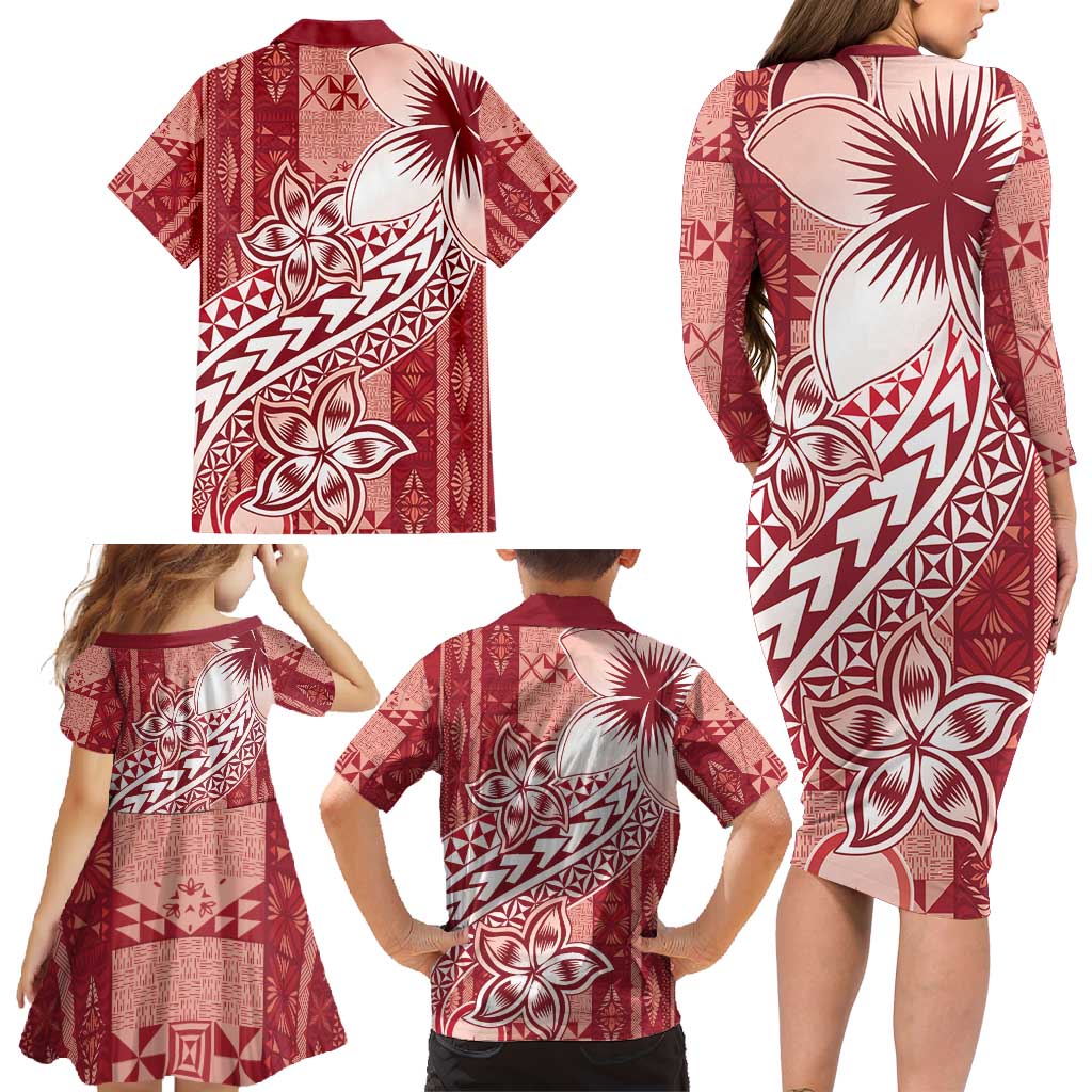 Tonga Kupesi Ngatu Family Matching Long Sleeve Bodycon Dress and Hawaiian Shirt Vintage Red Plumeria LT05 - Polynesian Pride