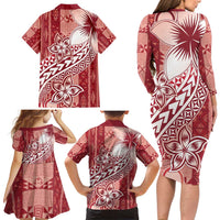 Tonga Kupesi Ngatu Family Matching Long Sleeve Bodycon Dress and Hawaiian Shirt Vintage Red Plumeria LT05 - Polynesian Pride