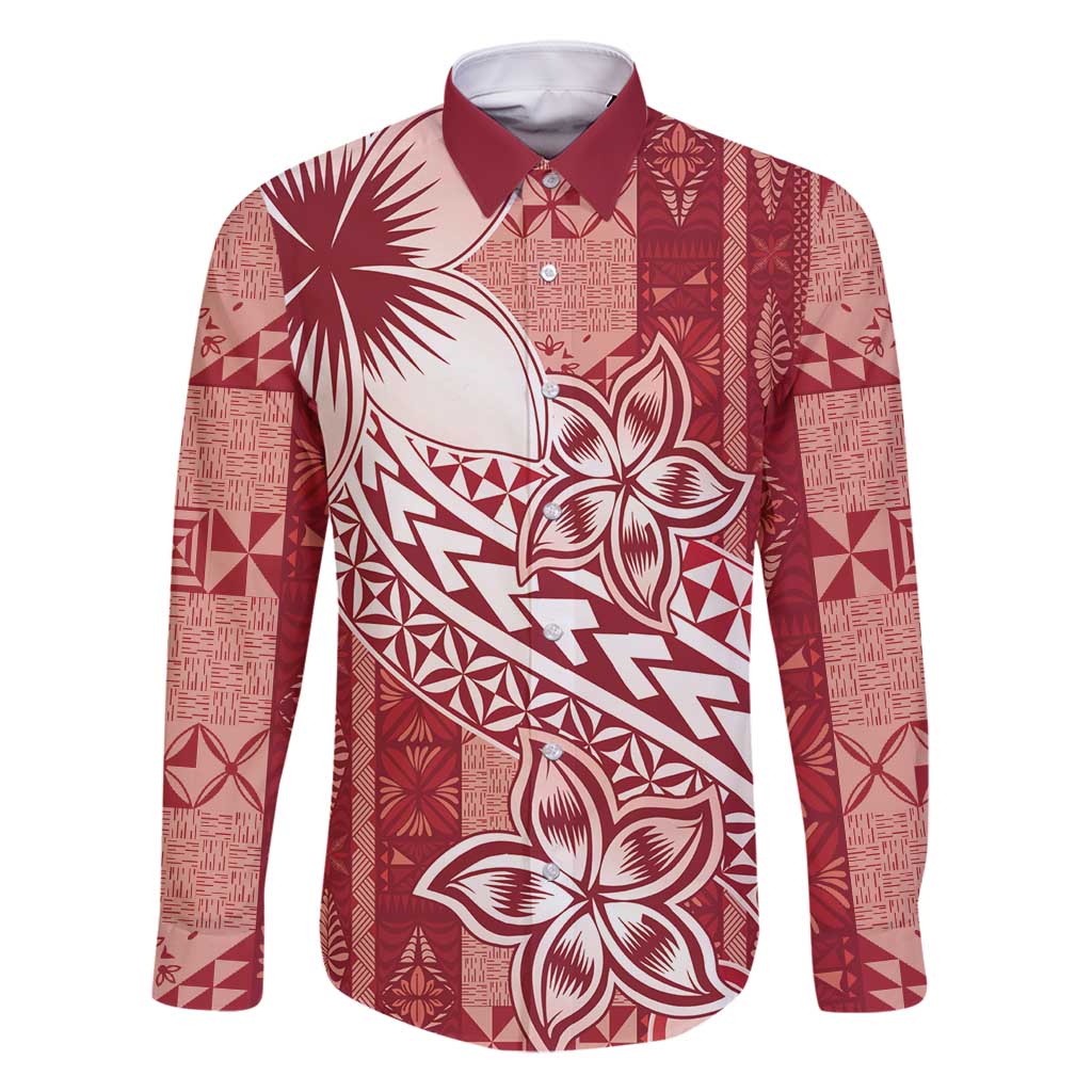 Tonga Kupesi Ngatu Family Matching Long Sleeve Bodycon Dress and Hawaiian Shirt Vintage Red Plumeria LT05 Dad's Shirt - Long Sleeve Red - Polynesian Pride