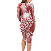 Tonga Kupesi Ngatu Family Matching Long Sleeve Bodycon Dress and Hawaiian Shirt Vintage Red Plumeria LT05 - Polynesian Pride