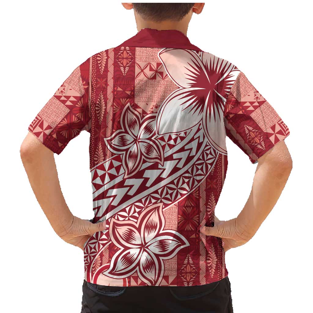 Tonga Kupesi Ngatu Family Matching Mermaid Dress and Hawaiian Shirt Vintage Red Plumeria LT05 - Polynesian Pride