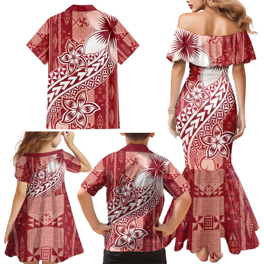 Tonga Kupesi Ngatu Family Matching Mermaid Dress and Hawaiian Shirt Vintage Red Plumeria LT05 - Polynesian Pride
